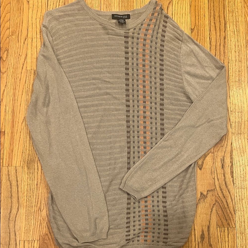 Kenneth Cole Men's XL Sweater Cotton Rayon Knit Beige Brown Striped Long Sleeve